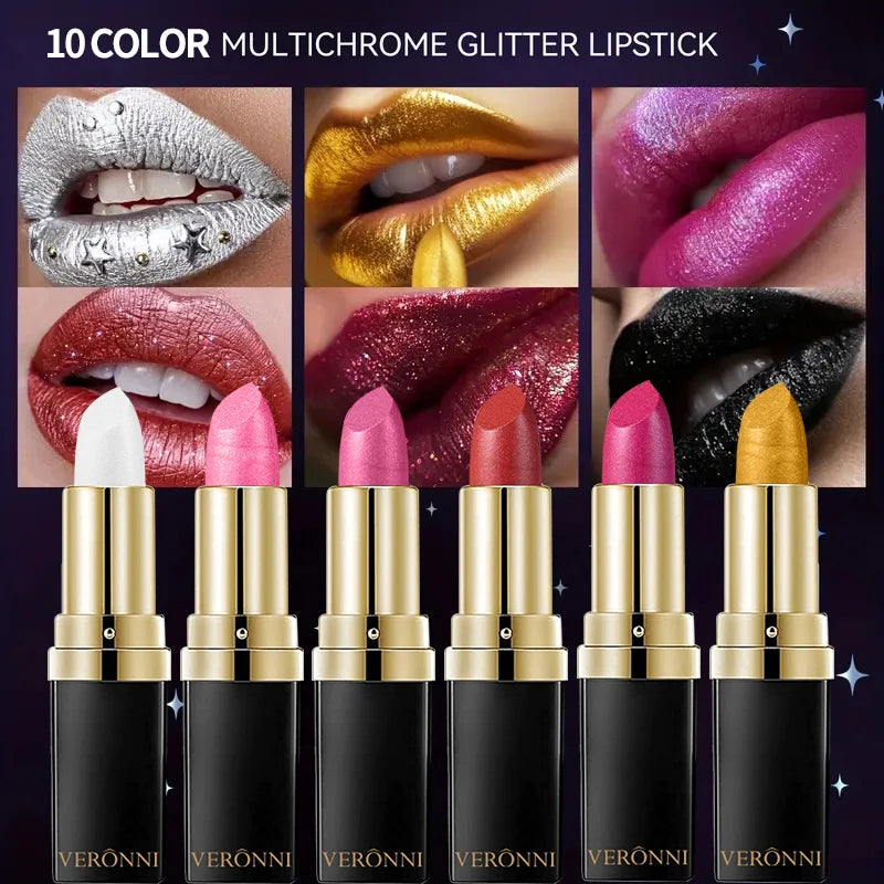 Diamond Shimmer Lipstick Lip Gloss Pigmented Long Lasting 10 Colors Zpaxo