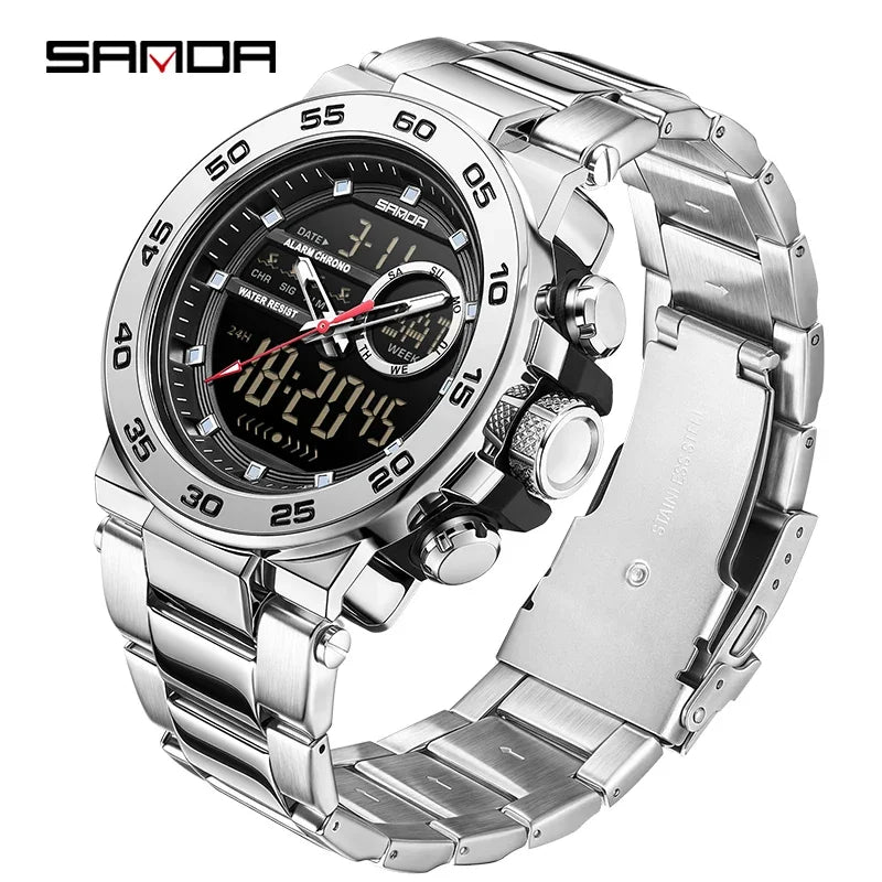 SANDA Fashion Men's Electronic Watches Sports Multifunctional Waterproof Large Dial Three Pin Double Display Men's Wristwatches Zpaxo Silver black