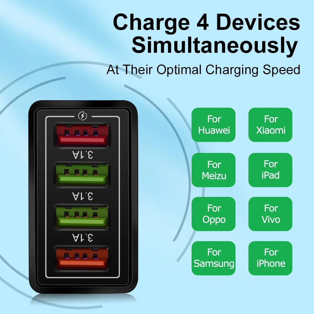 4 Ports USB Charger Quick Charge 3 0 Iphone Samsung Xiaomi Tablet