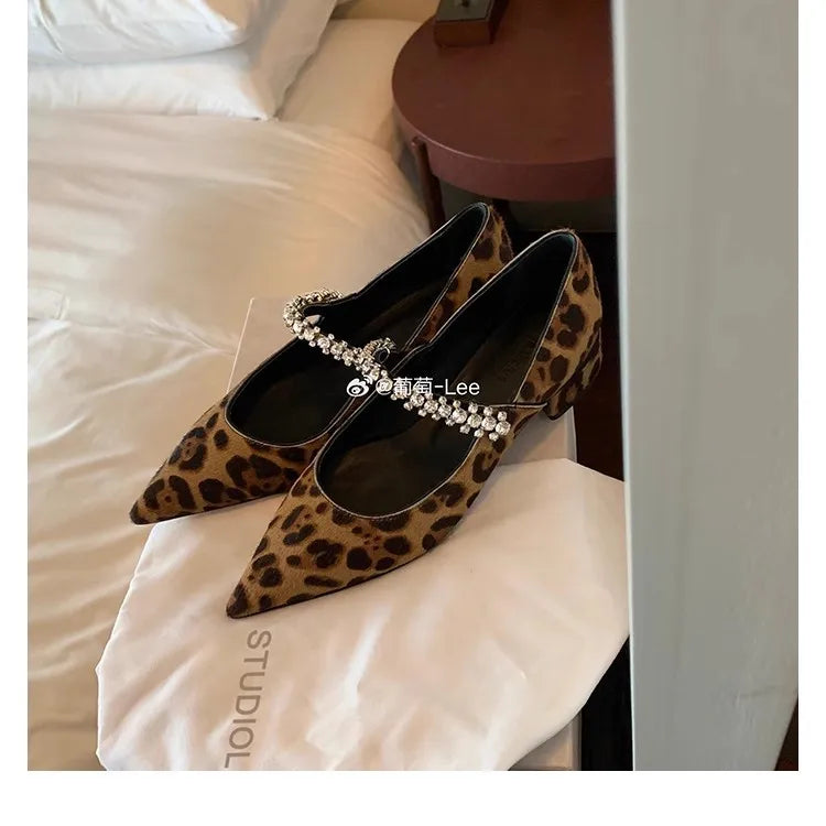 Flat Shoes for Women Spring and Autumn 2025 New Elegant Pointed Toe Rhinestone Leopard Print Shallow Ladies shoes loafers women Zpaxo Leopard (3.5 cm) 39