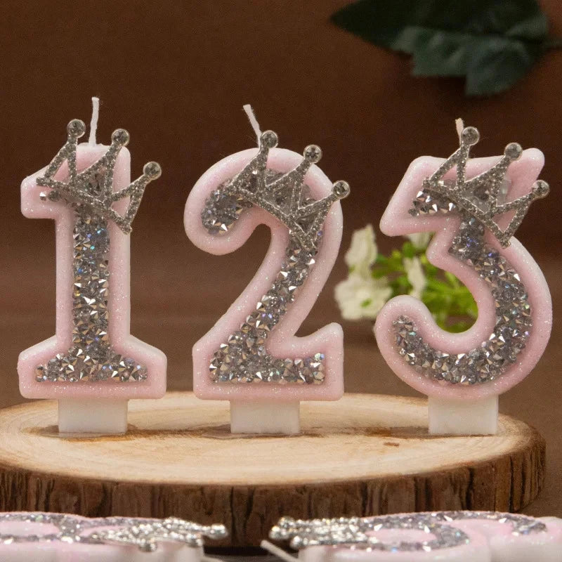 0-9 Pink Glitter Number Candle Silver Rhinestone Crown Kids Birthday