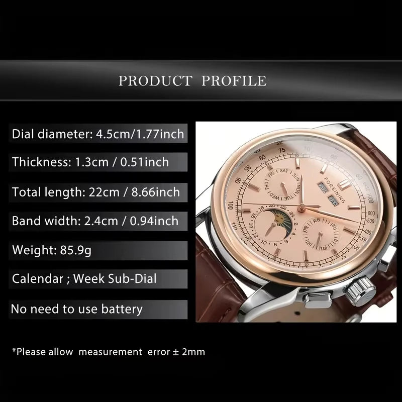 Forsining Retro Mechancial Watches Moon Phase Shanghai Movement Rose Gold Case Brown Leather Strap Luxury Automatic Mens Watch Zpaxo