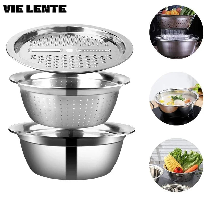 3 in 1 Vegetable Slicer Cutter Graters Drain Basket Stainless Steel Vegetable Salad Maker Bowl Kitchen Accessories Gadget Zpaxo As shown