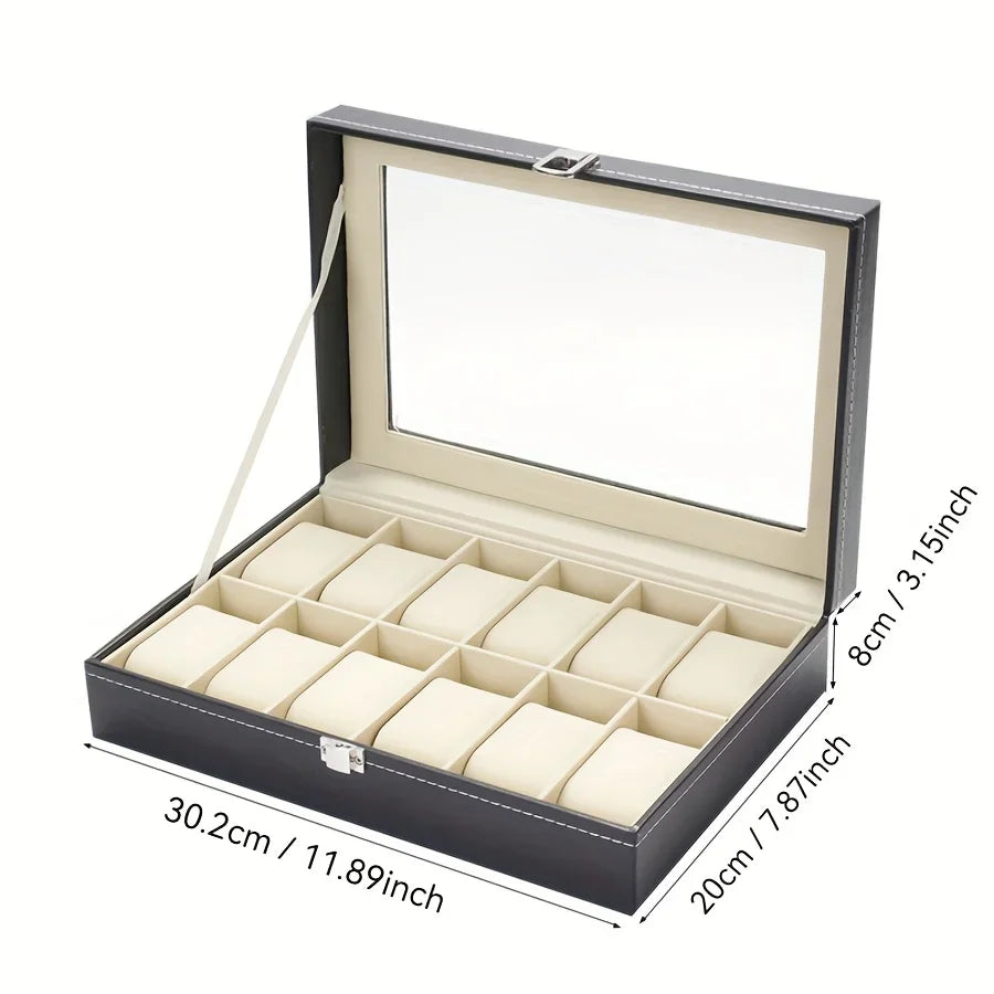 Watch Organizer 12-Slot Display Case Lock Removable Pillows Synthetic