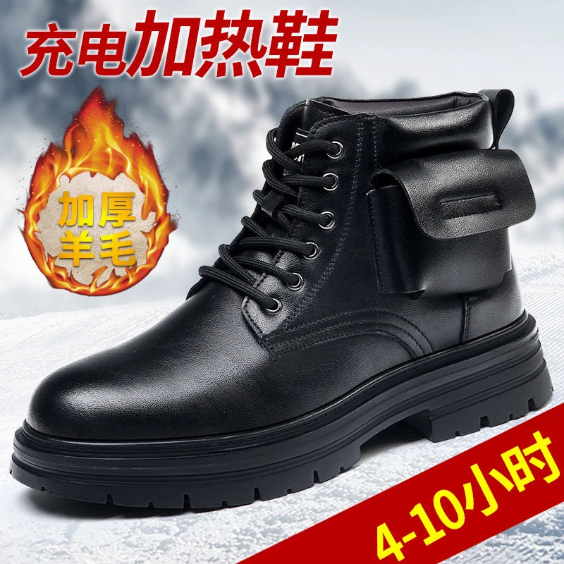 Mens Rechargeable Heated Winter Boots Wool Lined Leather Snow Thick Zpaxo