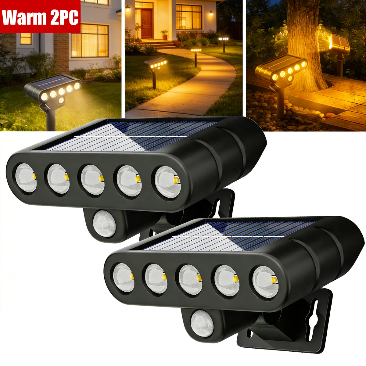 1 5LED Solar Wall Lawn Light Dual Use Outdoor Landscape Lamp IP65 Zpaxo Warm 2PCS