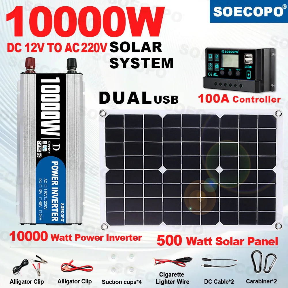 10000W/1100W Solar System DC12V to 220V Off-Grid Inverter System 100A Controller 500W Panel Inverter for Home RV Camping CE Zpaxo