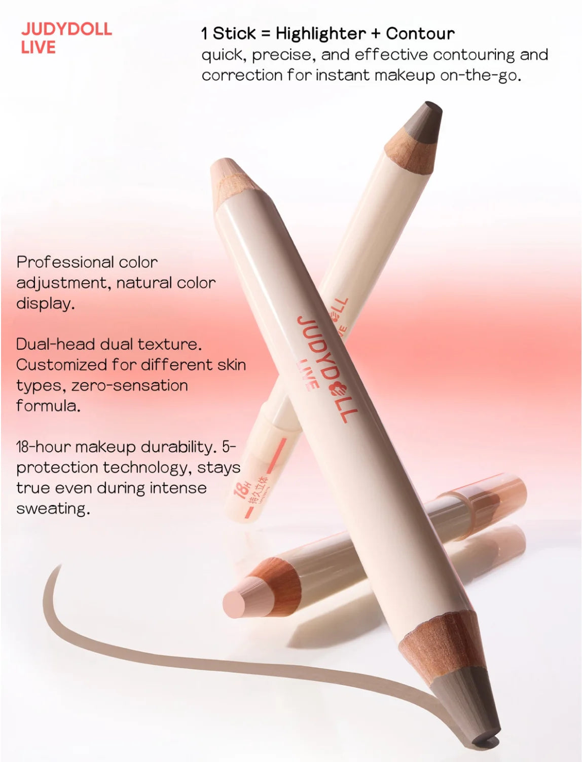 JUDYDOLL Two-tone Live Highlight Contour Stick 5g Face Shadow Highlighter Matte Nature 100% Original Makeup Cosmetics Zpaxo