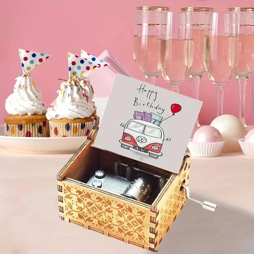Wooden Hand-Cranked Happy Birthday Music Box – Piano Gift