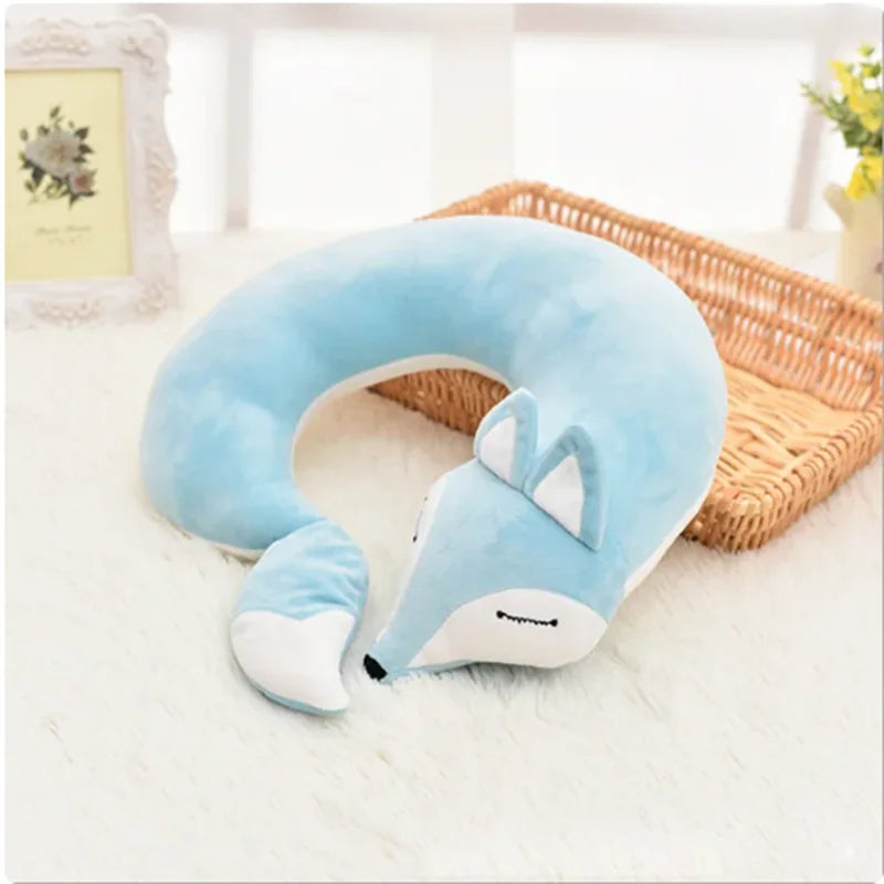 Cute Fox U Shape Neck Pillow Animal Cotton Plush Travel Car Home Pillow Health Care with Eye Mask Nap Animal Pillow Almohada Zpaxo Light blue 28x28x8cm