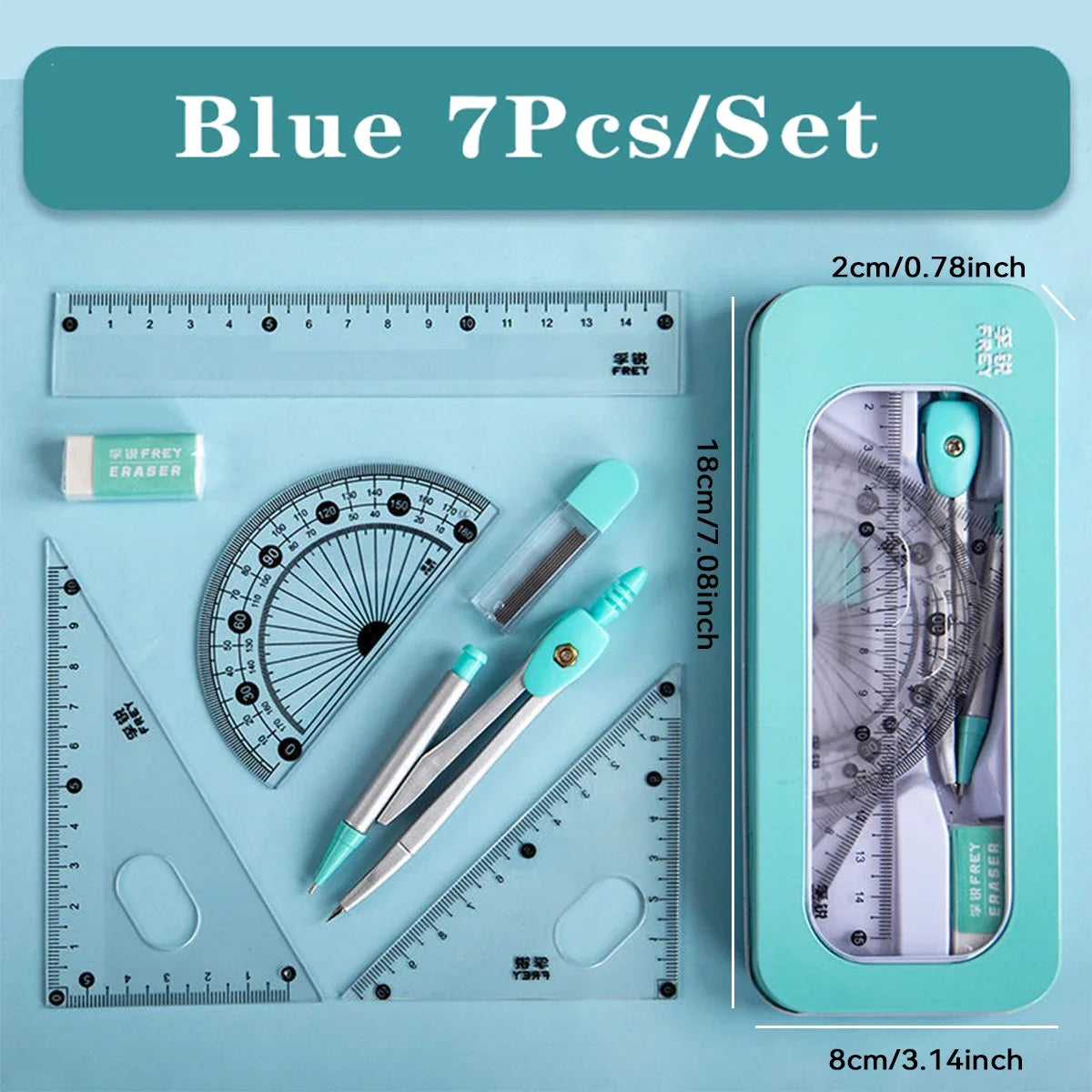 7-Piece Student Math Set – Compass, Ruler & Protractor Kit Student Math Set Zpaxo Blue