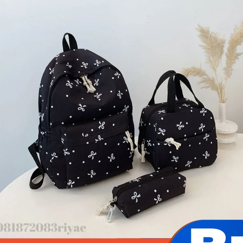 3Pcs/Set Kawaii Nylon Backpack with Handbag & Pencil Case All-Match School Bag Cute Bowknot Backpack School Outdoor Lunch Box Zpaxo