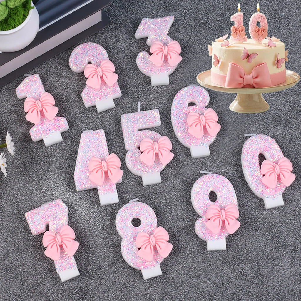 Pink Bow Number Candle Glitter Candle Cake Topper 0-9 for Birthday Anniversary Party Cake Decoration Gifts Zpaxo