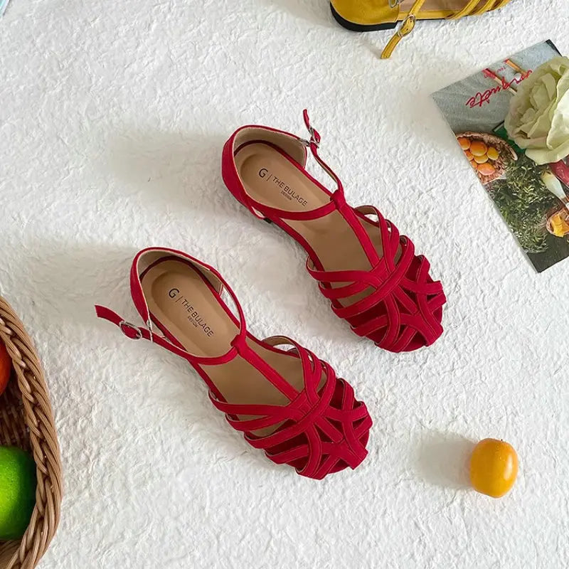 Sandals for Women 2025 Summer French Retro Woven Toe Cap Sandals for Women Flat Bottomed Pregnant Women Roman Shoes Zpaxo