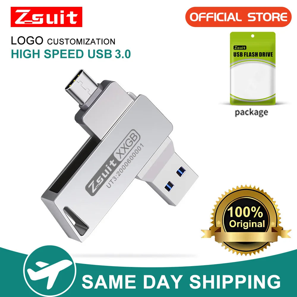 Zsuit USB Flash Drives Rotate USB-C Pendrive 64GB 128GB USB3.0 Type-C Pen Drives 2in 1 U Disk for iPhone Laptops Memory Stick Zpaxo