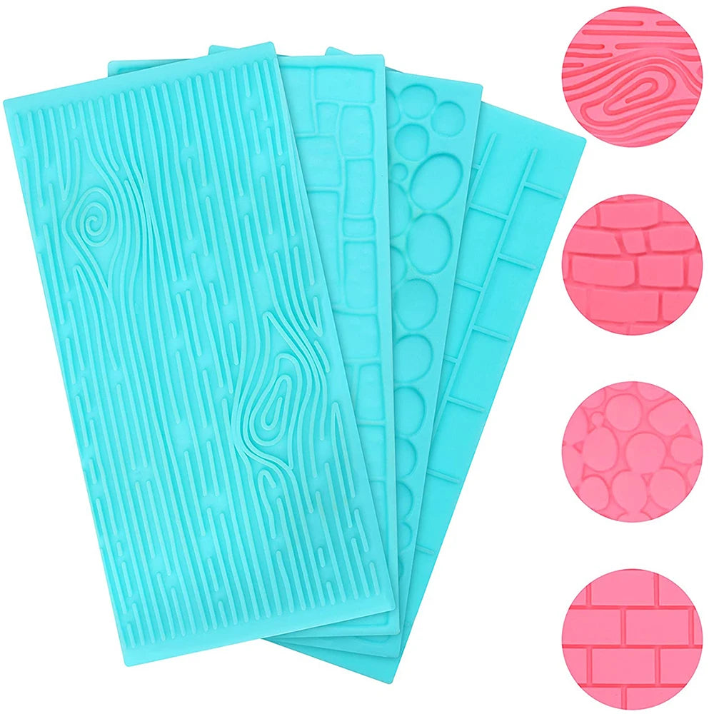 4Pcs Plastic Embossing Fondant Molds Set Icing Chocolate Cake Decorating Mould Brick Wood Cobble Pebble Stone Designs Baking Zpaxo