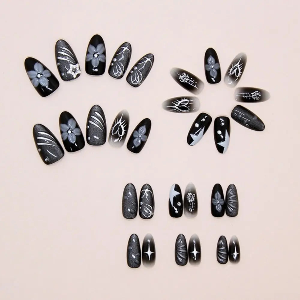 Manicure Long Almond False Nails French Flowers Heart-shaped Stripes Zpaxo