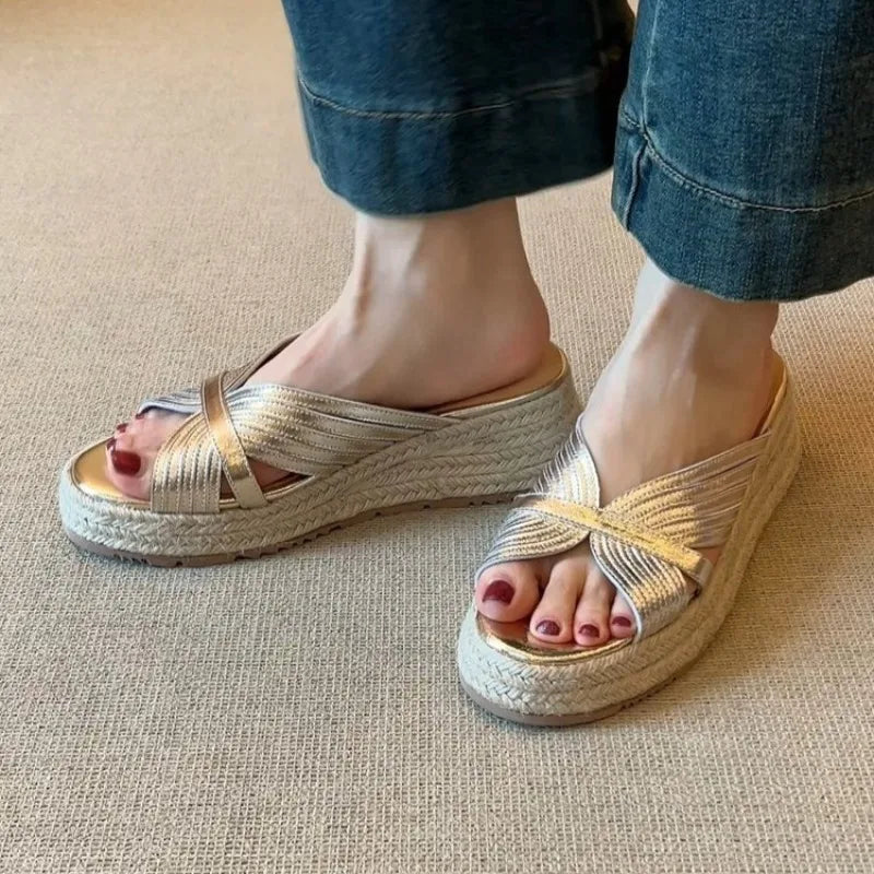 Casual Wedge Women's Slippers Mid Heels Elegant Fashion Thick Soled Zpaxo Gold 35