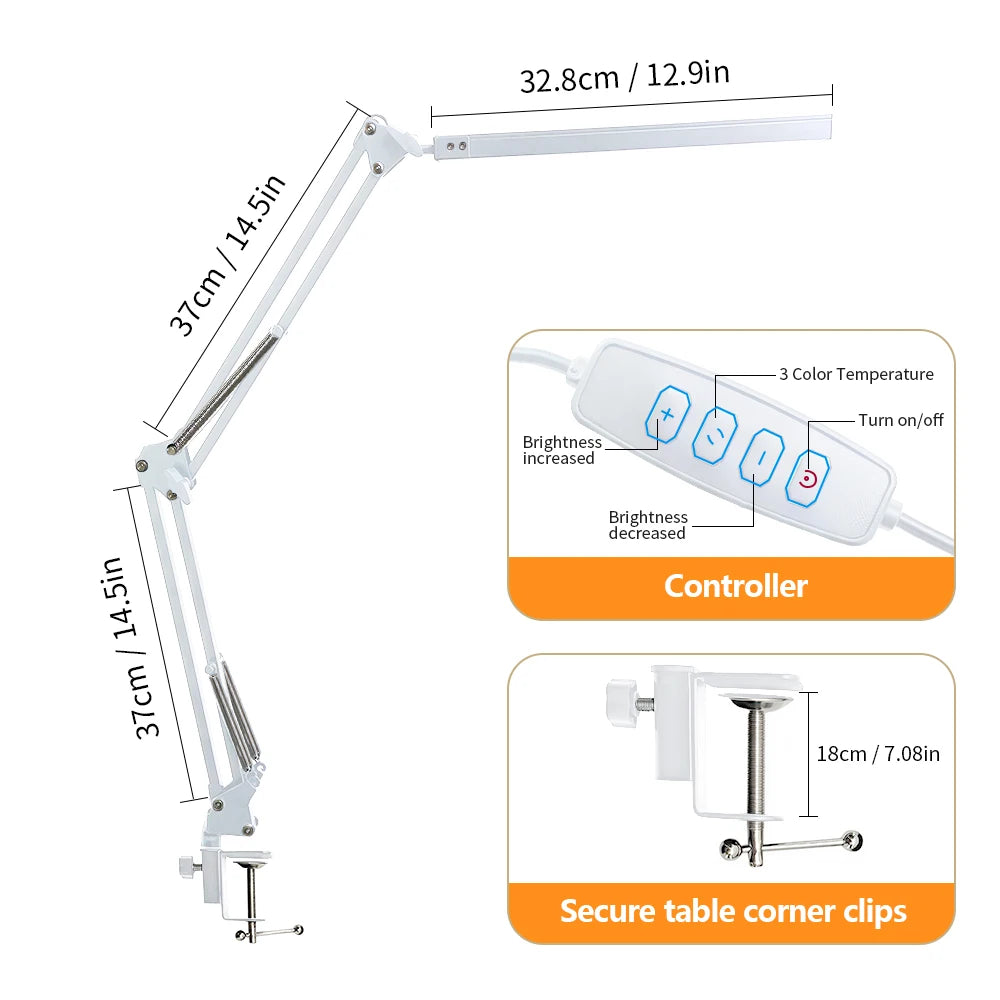 Eye-Caring LED Folding Metal Desk Lamp 3 Colors Adjustable 10 Brightness Levels Flexible Rotating Lamp Head for Home Reading PC Zpaxo 1-Head Folding White