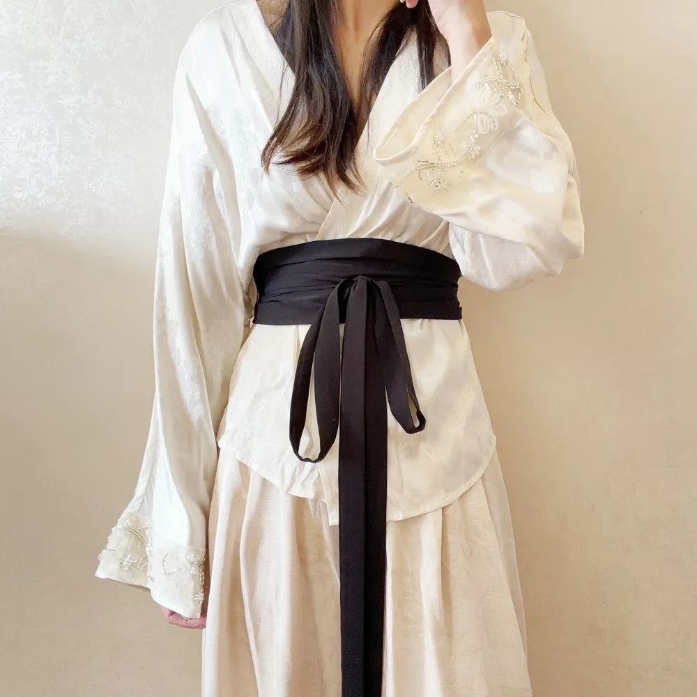 Chiffon Fabric Hanfu Waist Belt Cotton Linen Satin Silk Lace Up Waist Belt Solid Color Bowknot Decoration Silk Waist Rope Zpaxo