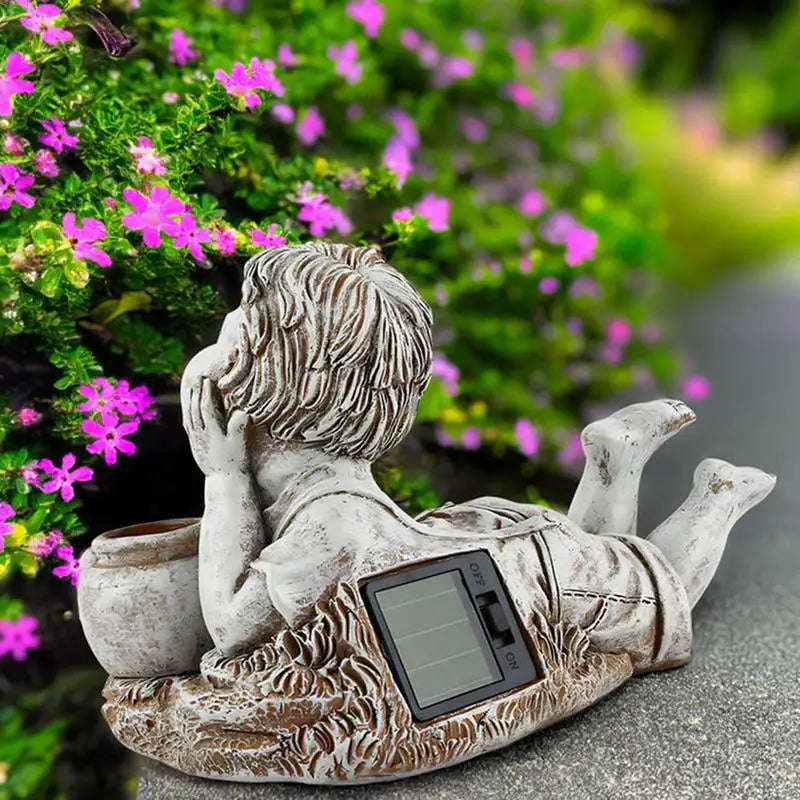 Garden Resin Child Sculpture Cute Little Boy Girl Statue Solar Indoor