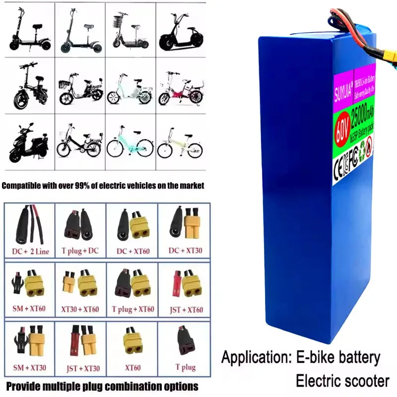 60V 16S5P Li-ion Battery 18650 25Ah Rechargeable Lithium Battery Pack 2000W High-power with BMS for Motorcycle, Scooter, Bicycle Zpaxo