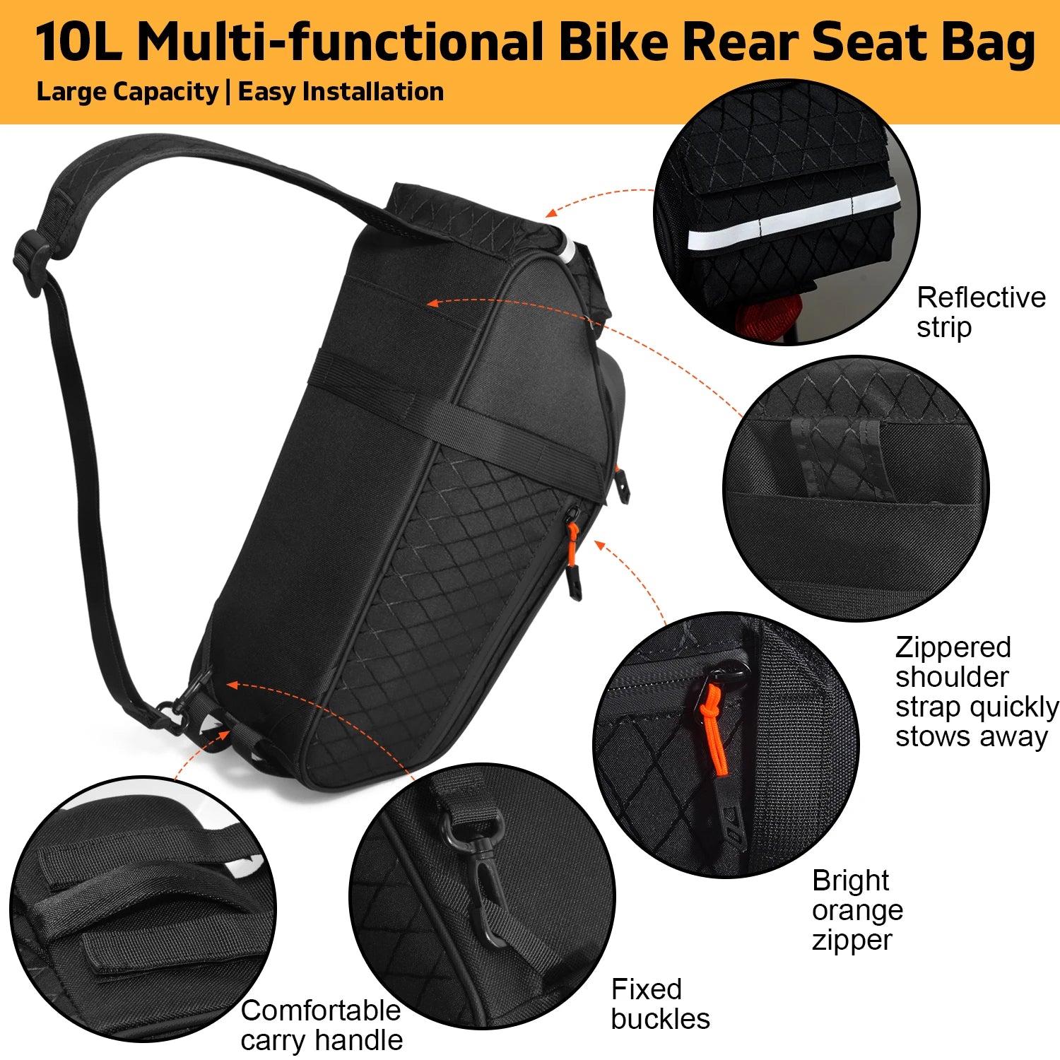 New Bike Trunk Bag Upgrade 900D 10L Large Capacity Anti-Tear Multi-Use Quick Install fixing Commuting outdoor Bicycle Accessory Zpaxo