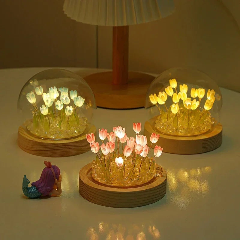 LED Tulip Flower Night Light – DIY Glass Dome Bedside Lamp Decorative Night Lamp Zpaxo