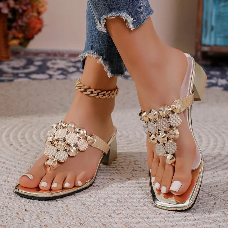 Women's Rhinestone Square Toe Summer Slippers 2026 Mid-heel Fashion Zpaxo