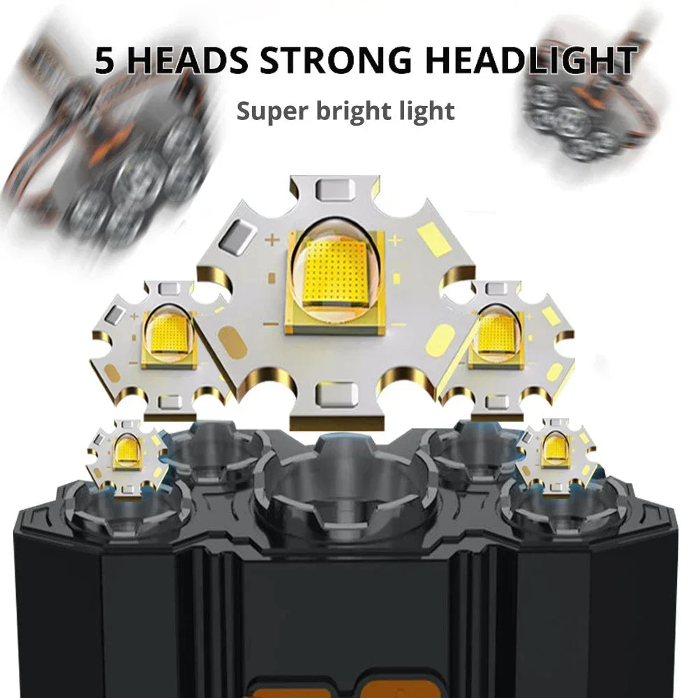 5 LED Rechargeable Headlamp | 10W Waterproof Camping Headlight