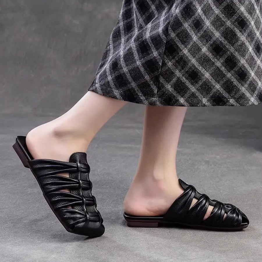2025 Summer New Genuine Leather Weaving Breathable Square Toe Flat Slippers Retro Versatile Women's Shoes Zpaxo 36 black