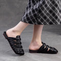 2025 Summer Leather Weaving Breathable Square Toe Flat Slippers Retro