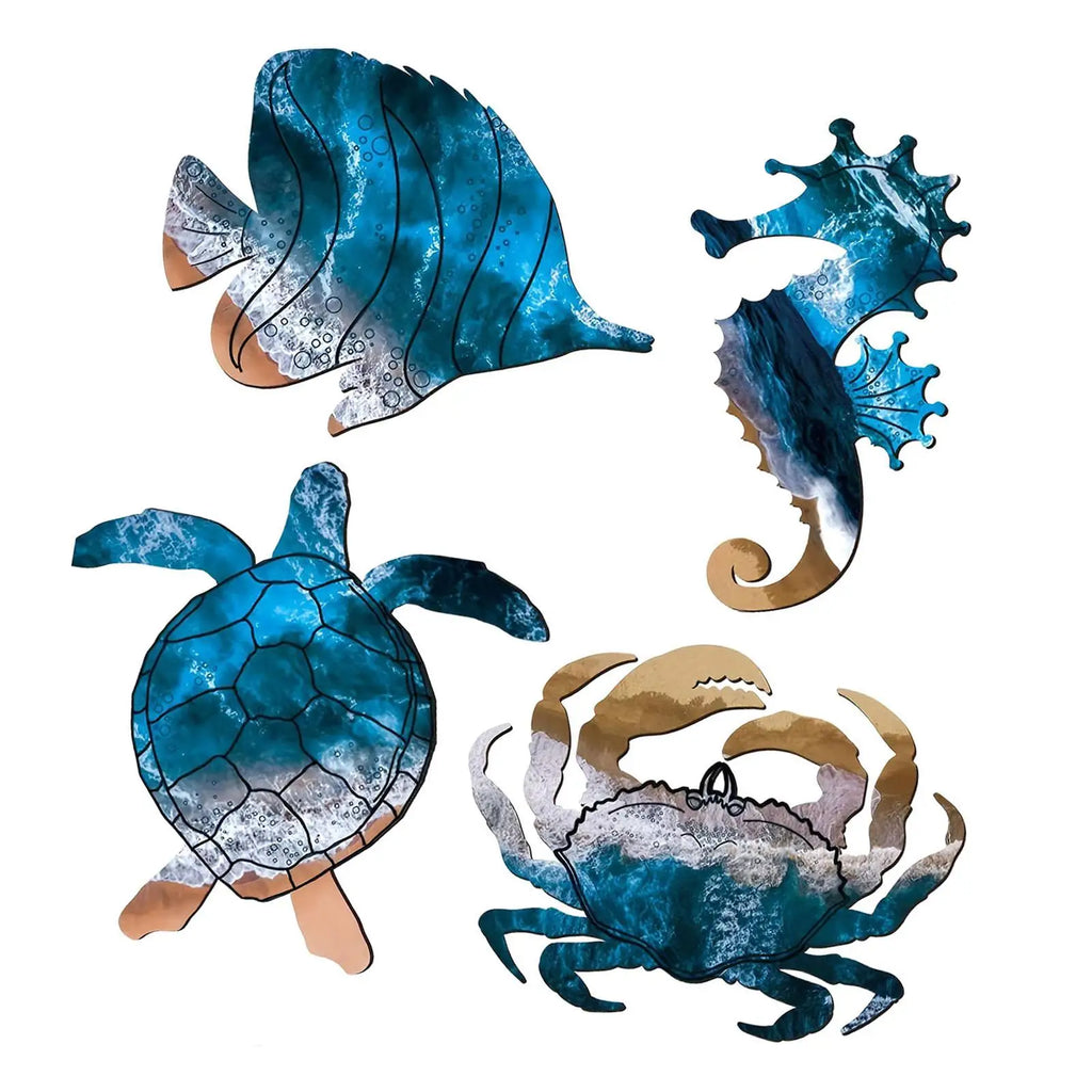 4x Sea Turtle Seahorse Crabs Fish Wall Sculpture Coastal Nautical Art for Cafe Lake House Ocean Bathroom Living Room Hotel Zpaxo