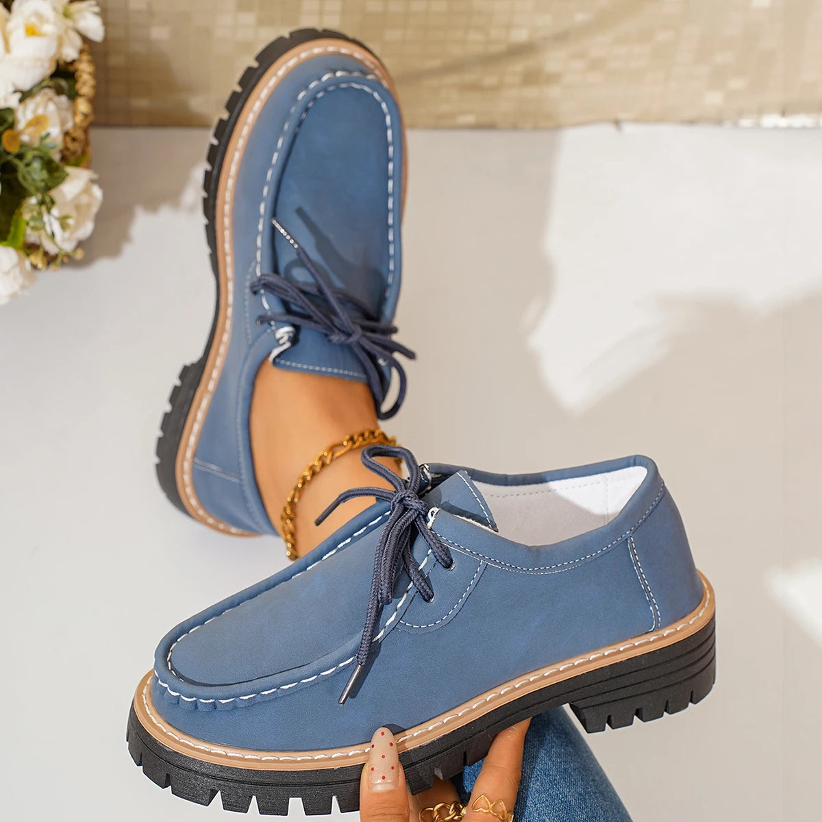 Women Loafers 2025 New Thick Heel Chunky Sole Flats Shoes Comfortable Sneakers Women Spring Autumn British Style Women Shoes Zpaxo Blue 36