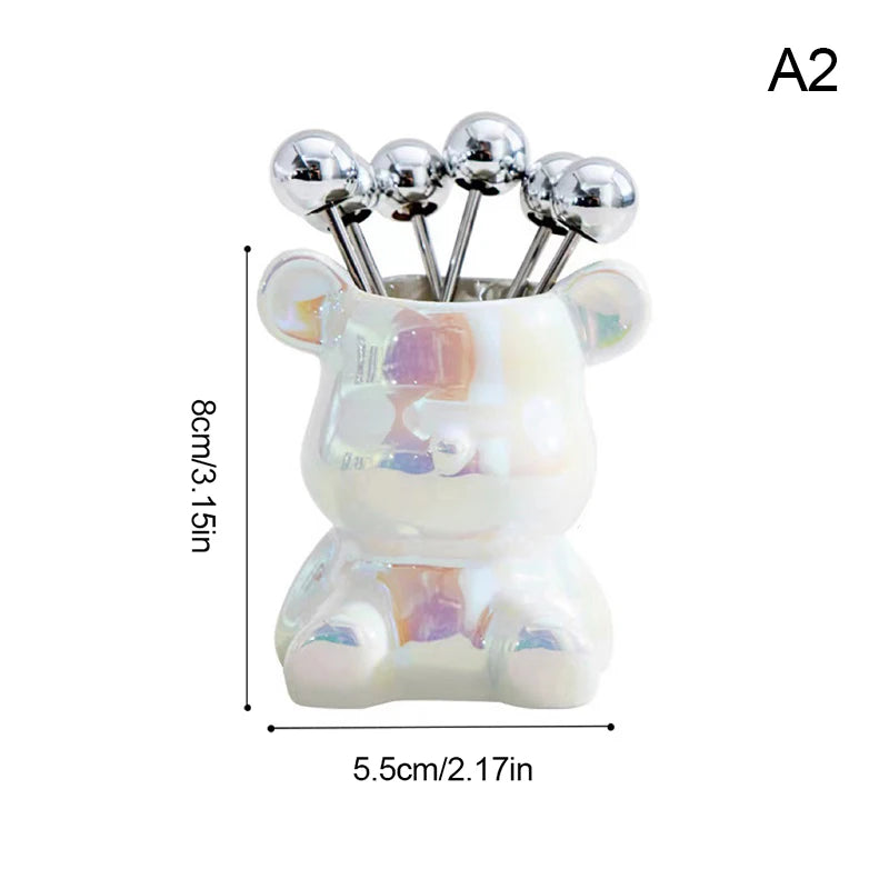 Stainless Steel Dessert Forks Storage Jar Cute Bear Utensils Party Zpaxo A2