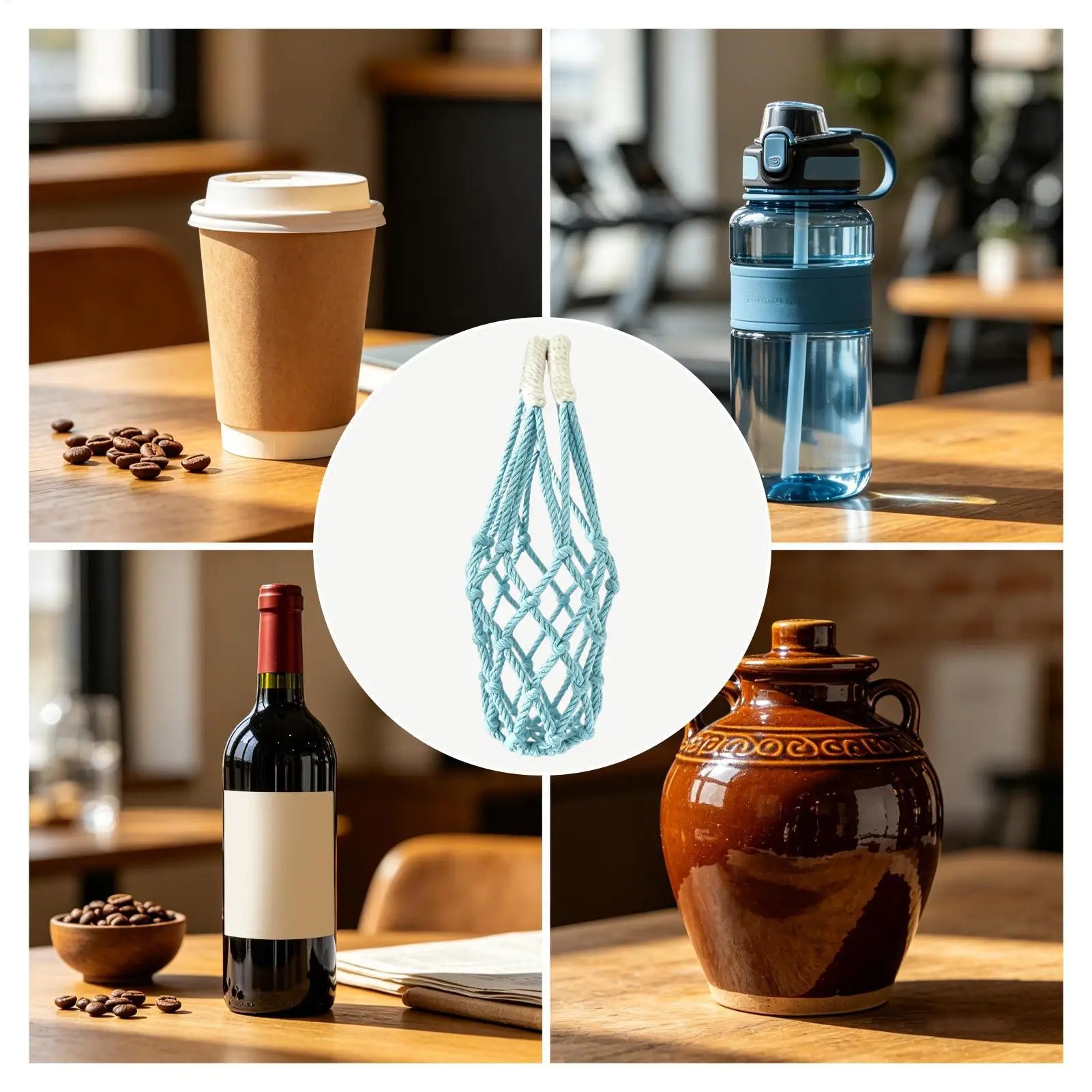 Handwoven Water Bottle Pouch Mesh Carrier Bag Reusable Holder Coffee