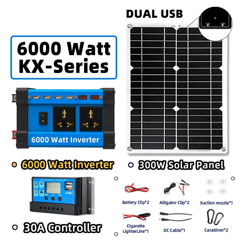 Solar System Kit Combination 6000W Inverter 30A Controller 300W Solar Panel 12V to 220V/110V Smart Charge & Discharge Camping Zpaxo 6000W 12V TO 110V