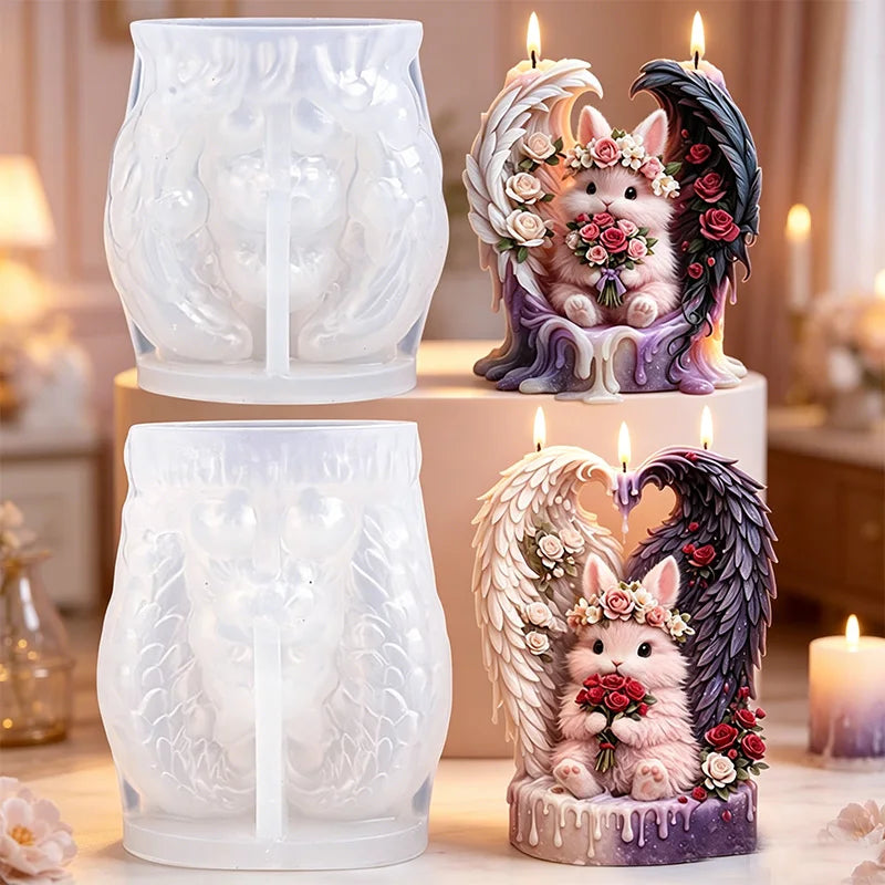 Angel Wing Rabbit Silicone Candle Mold Bride Rabbit Wings Bunny with Flower Aroma Soap Craft Ornament Mold forWedding Valentine' Zpaxo