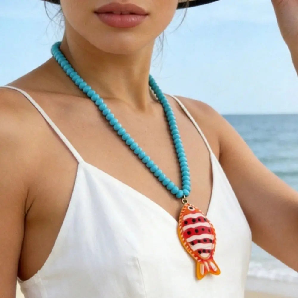 Fashion Colorful Fish Pendant Necklace Handmade Boho Beaded Chain Necklace Jewelry Gift Summer Beach Zpaxo