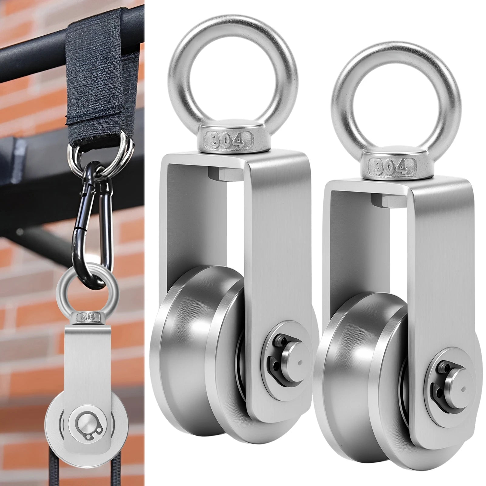 2Pcs Loading Lifting Wheel Tool Bearing Inside Stainless Steel Hanging Cable Pulley Block 360 Degree Swivel Heavy Gym Equipment Zpaxo Single-Wheel Stainless steel 2pcs
