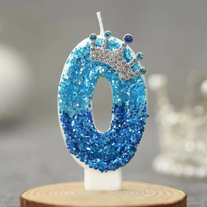Crown Decor Digital Birthday Candles Blue Sequins Cake Decoration
