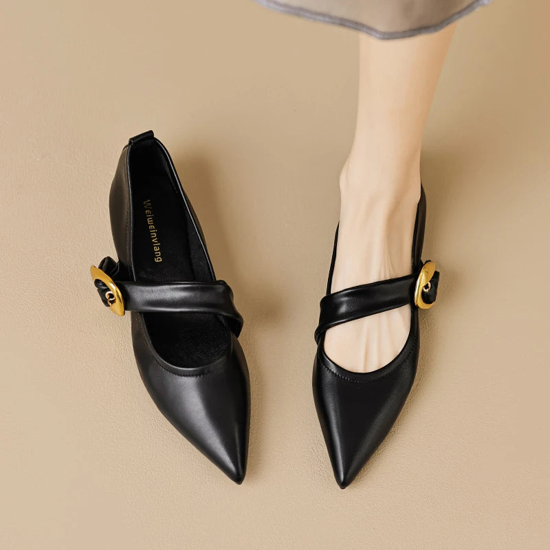Women French Pointed Toe Flat Mary Jane Shoes One Strap Shallow Mouth Zpaxo