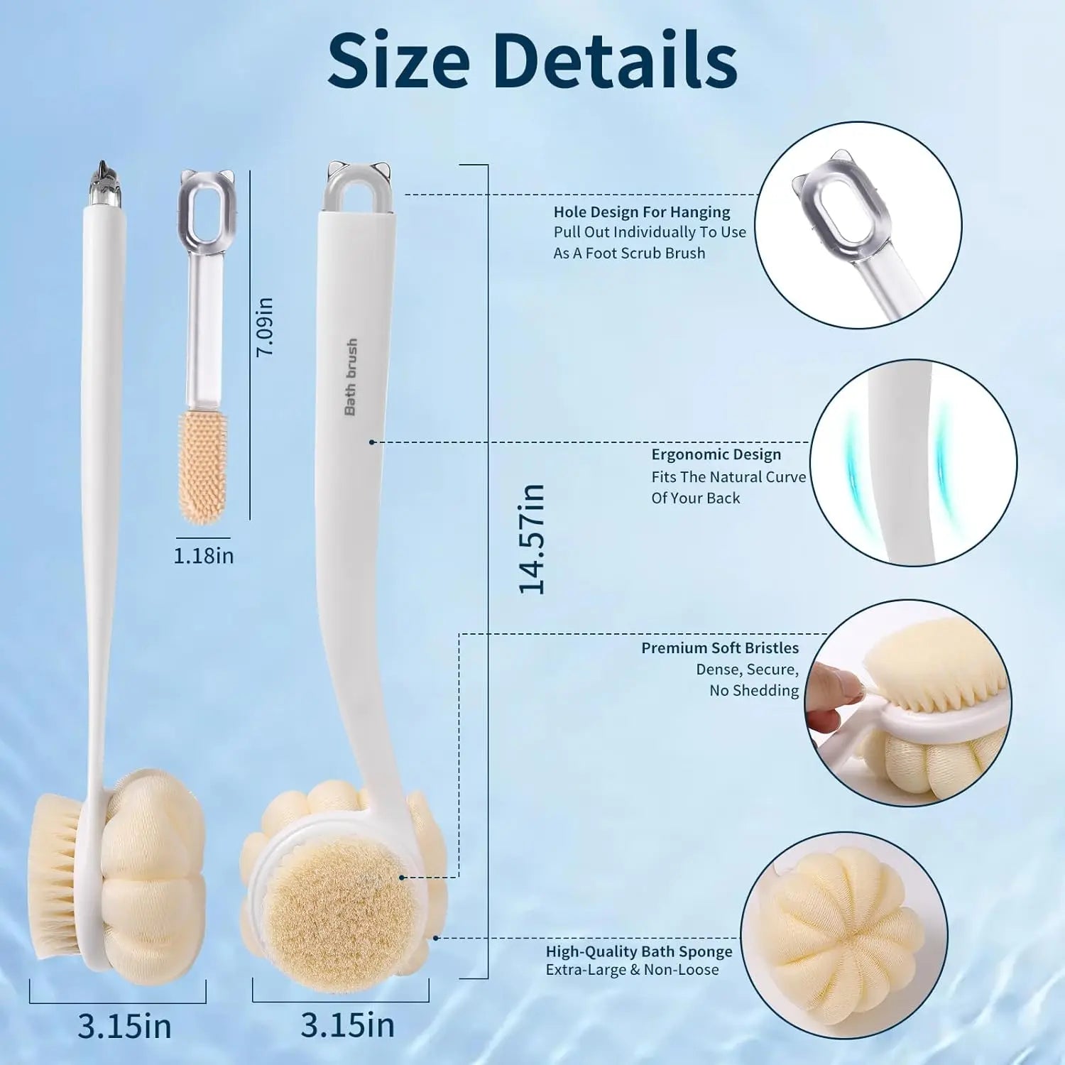 3-in-1 Long Handle Shower Brush – Back Scrubber & Exfoliator