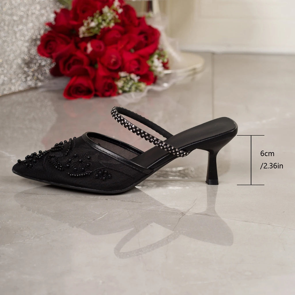 Black Embroidered Mesh Slingback Heels Sandals Women 2026 Luxury
