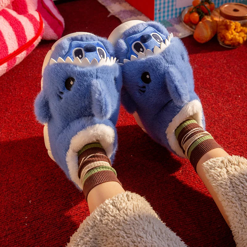 SHAJI Unisex Cute Cartoon Shark Plush Slippers Winter Warm EVA Thick