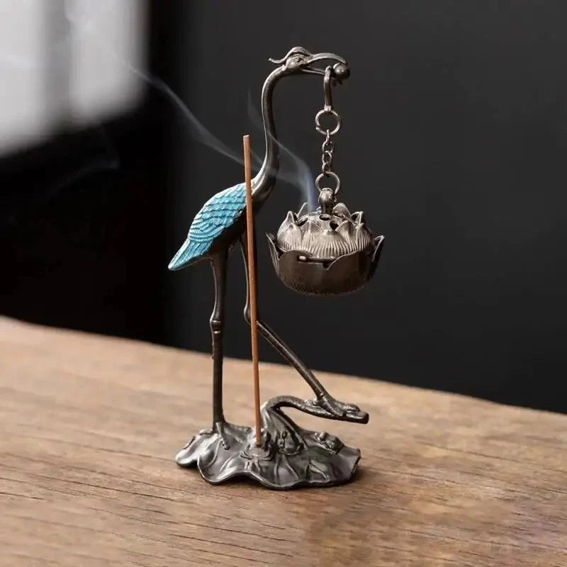 Crane Lotus Incense Burner Chinese Zen-style Reverse-flow Holder