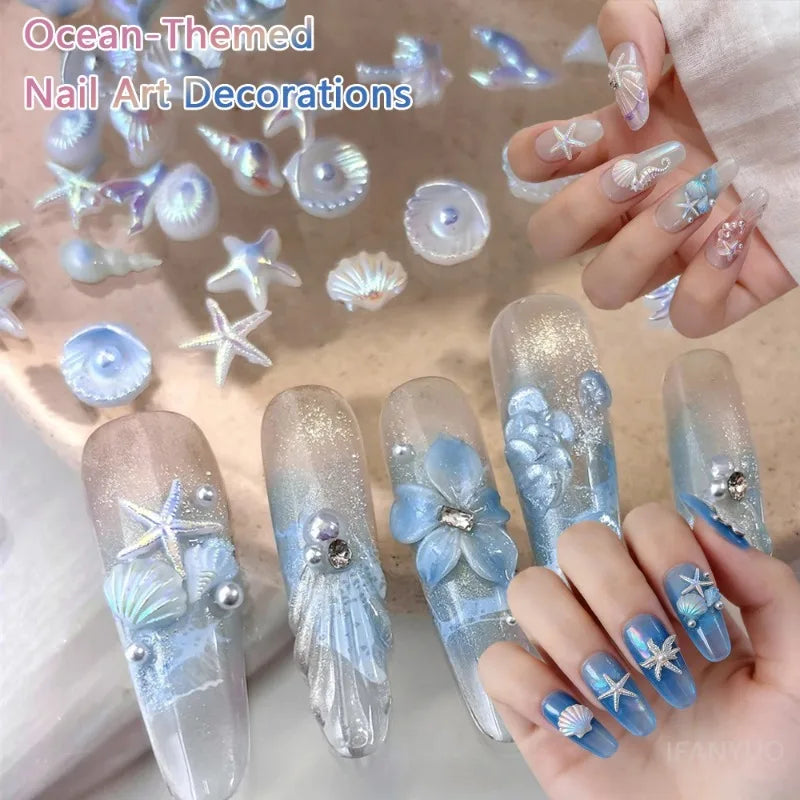 3D Ocean Nail Art Charms Aurora Shell Starfish Mermaid Tail Decors
