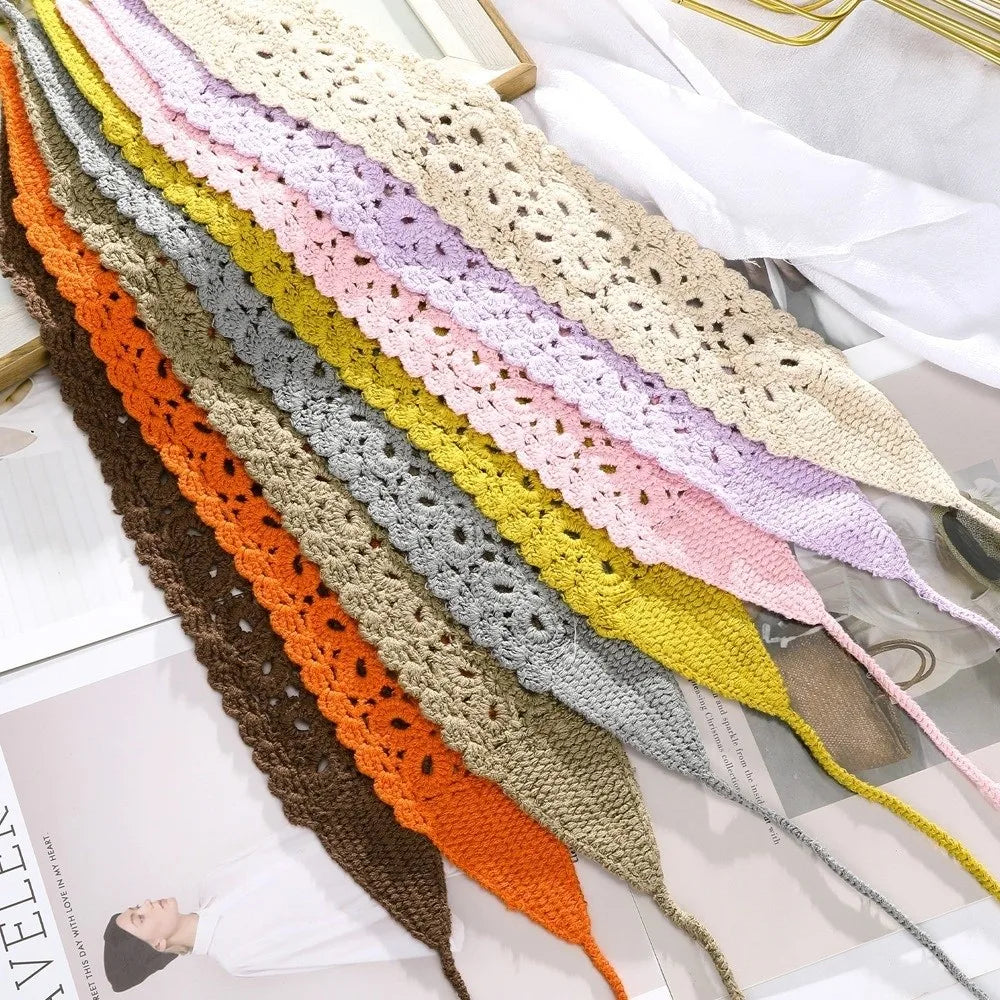 Boho Floral Headband Handmade Solid Color Knit Hair Band Hollow Out Crochet Hair Scarf Zpaxo