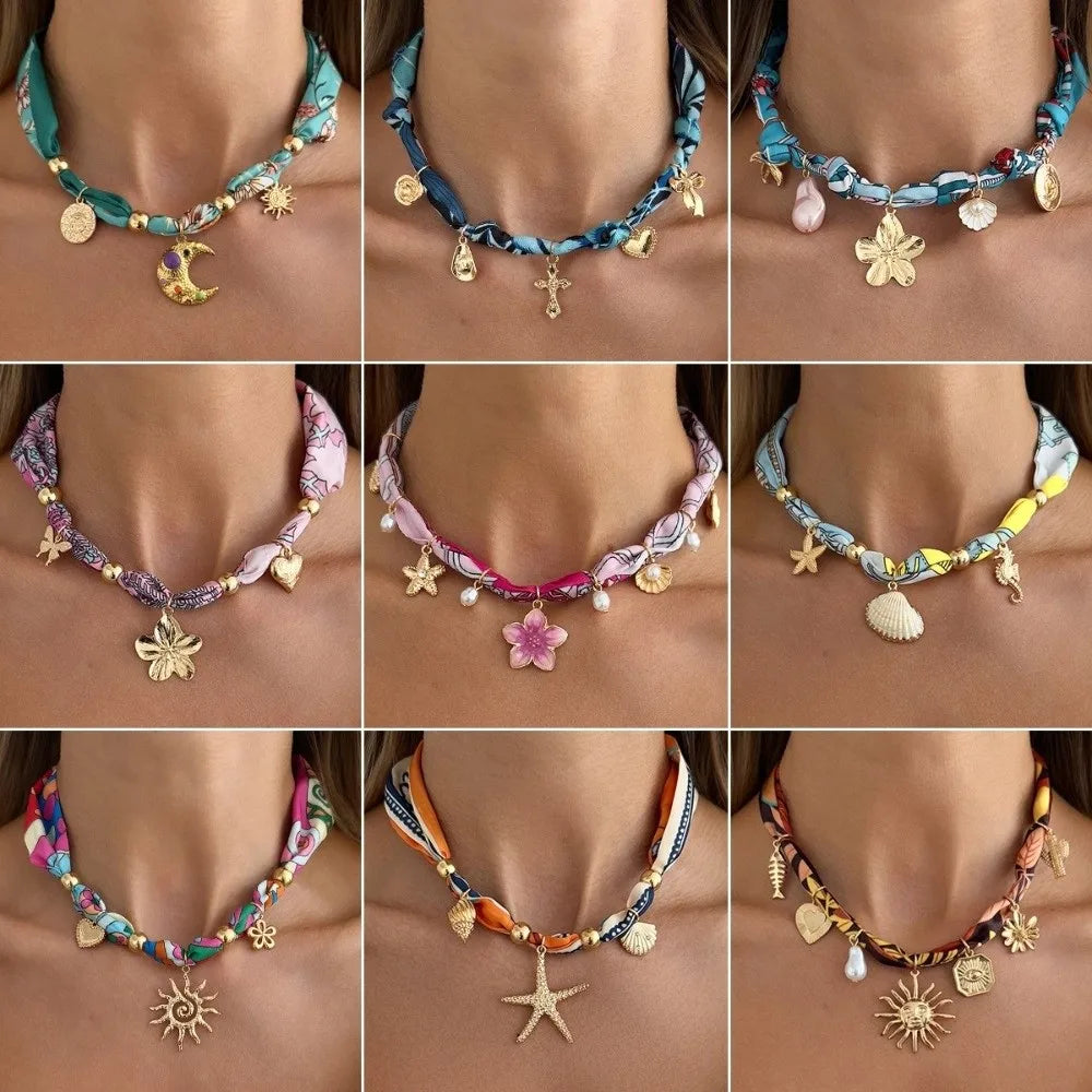 Bohemian INS Printed Scarf Necklace Stylish Lightweight Starfish Shell Necklace Trendy Comfortable Vacation Jewelry Zpaxo