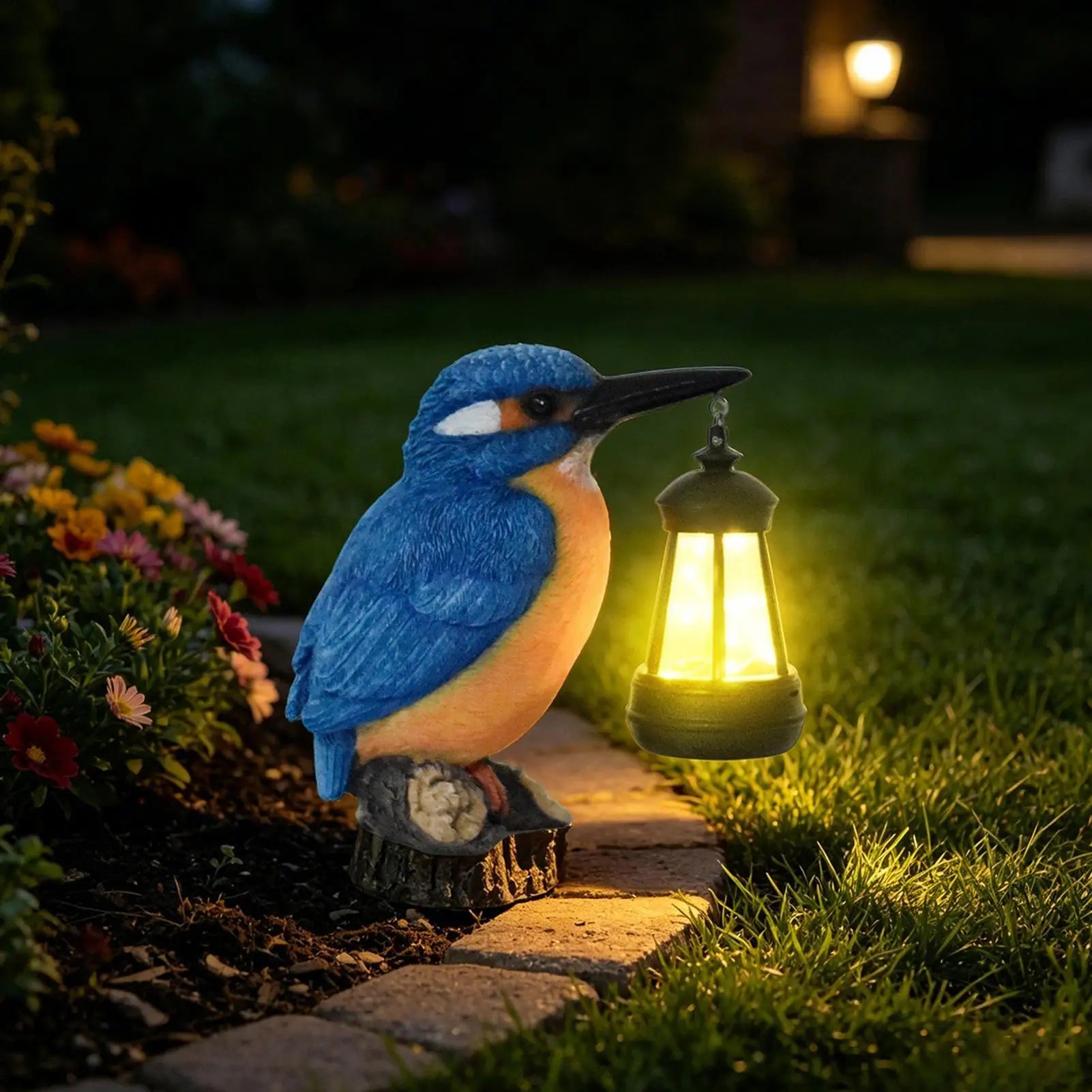 Bird Statues Outside Resin Blue Kingfisher Sculpture Solar Lantern